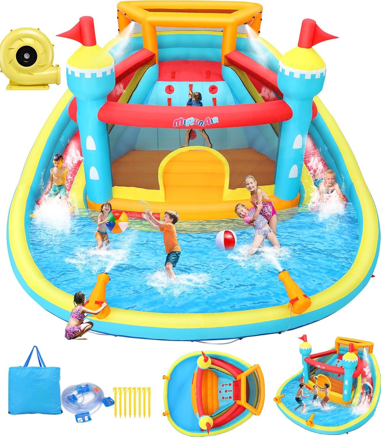 Whubefy 14.1x13.8Ft Inflatable Bounce House Double Water Slide for Kids, Inflatable Waterslide Bouncy Jump Castle w/Dual Slide, Jump Area, Blow Up Water Slides Inflatables Park for Kids Backyard Fun