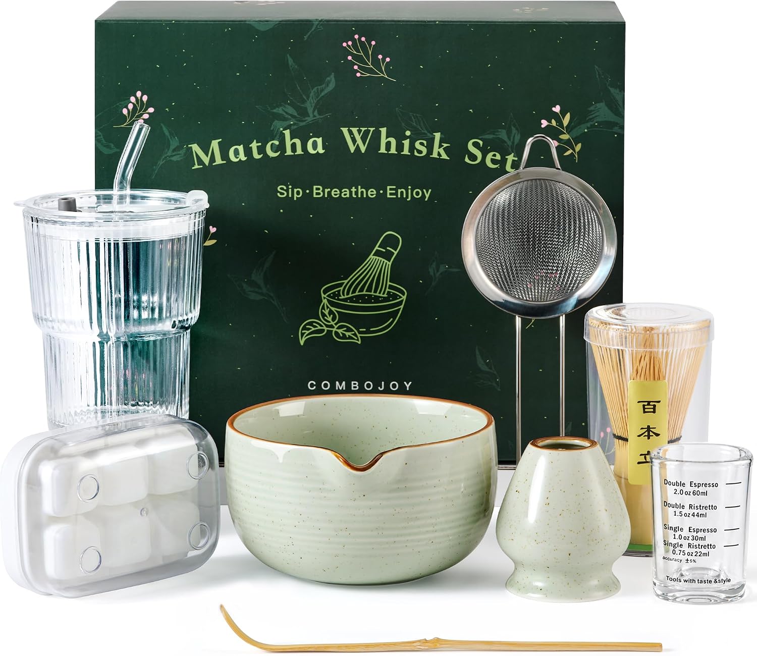 ComboJoy Matcha Whisk Set, Complete Matcha Kit with Bowl, Bamboo Whisk & Holder, Scoop, Sifter, Glass Cup with Lid & Straw, Ice Cube Tray – Matcha Gift Set for Matcha Lovers