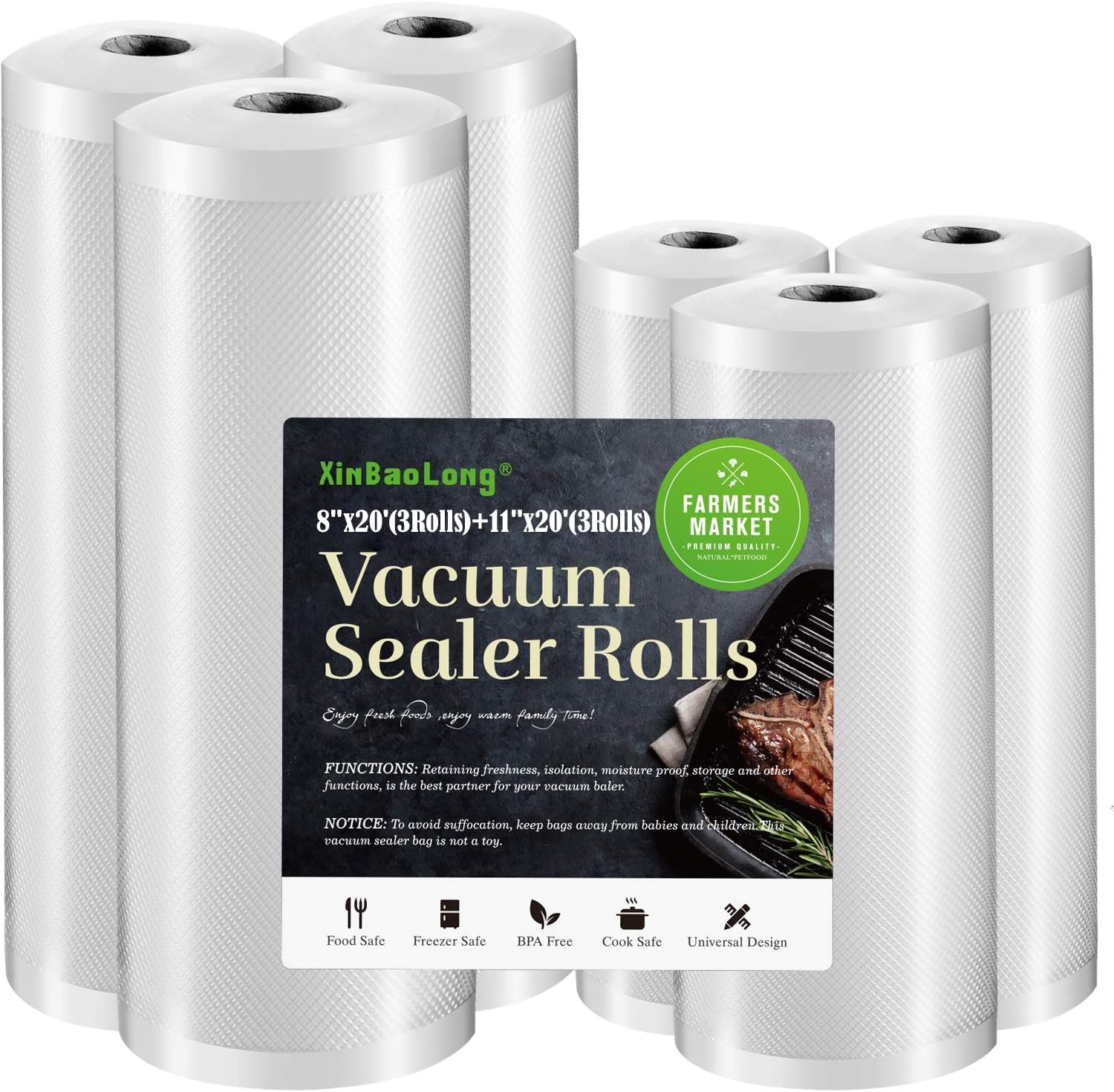 Vacuum Sealer Bags for Food 6 Pack,Vacuum Seal Bags,XinBaoLong,Commercial Grade, Heavy Duty, BPA Free,Great for Vac Storage.6 Pack 8"x20'(3Rolls) and 11"x20' (3Rolls) Total 120 Fee