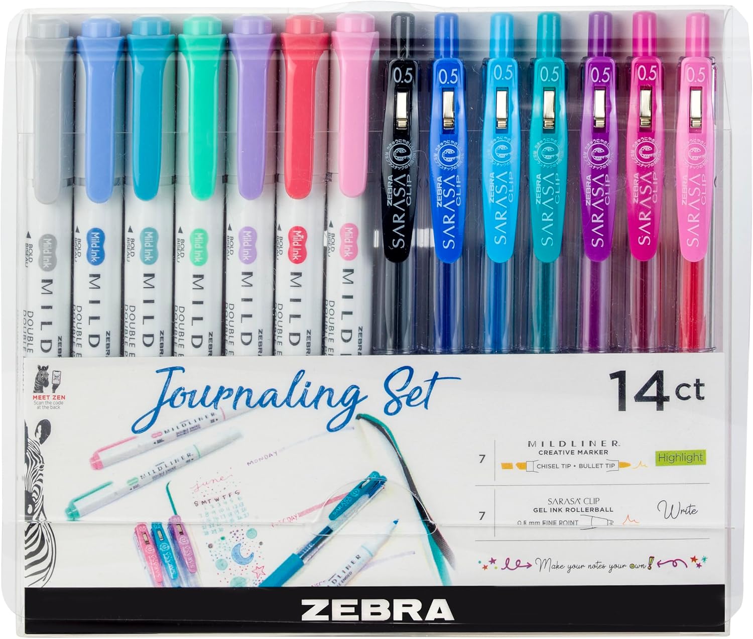 Zebra Pen MILDLINER Dual Tip Highlighter Journaling Set, Gel Pens & Pastel Highlighters Multipack, Broad & Fine Tip Markers & Highlighters, Double Ended Pens, Assorted Colours, 14pc