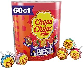 Chupa Chups ‘Best Of’ Halloween Trick or Treat Candy Lollipop Variety Assortment, 5 Flavors, Individually Wrapped Bulk Candy for Adults & Kids, 25.3 oz Drum (60 Suckers)