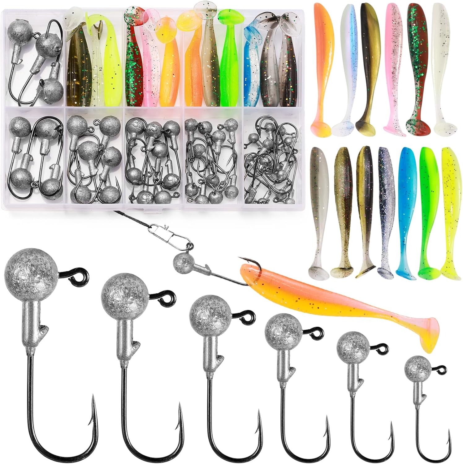 Annyswit 58 Pcs/6 Sizes Jig Heads Fishing Hooks with Soft Plastic Lures Kit 10g 7g 5g 3.5g 1.8g 1g Dual-Color Realistic Soft Lures Bait Set Jig Head Divided Storage Box for Freshwater Saltwater Bass
