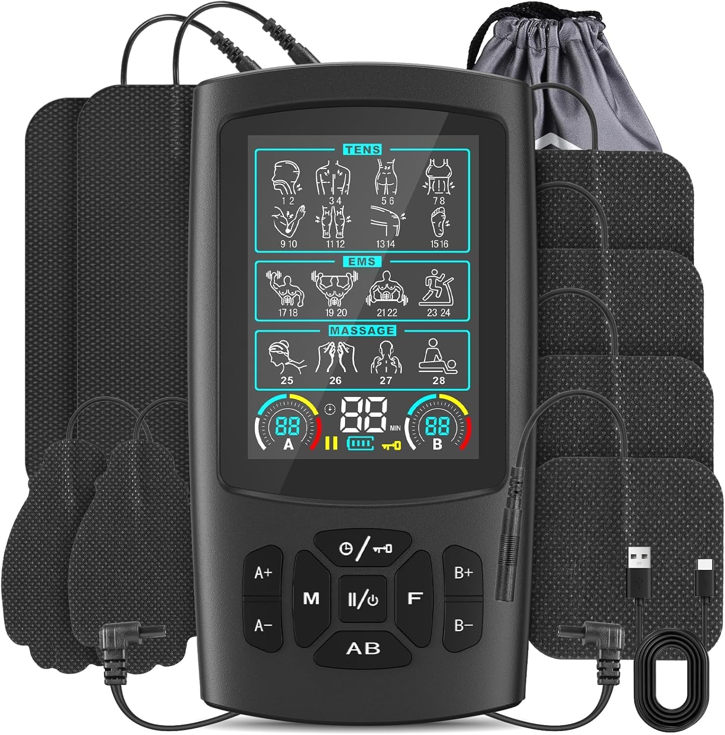 Dual Channel TENS Machine for Pain Relief, TENS Unit EMS Muscle Stimulator with 28 Modes, 8Pcs Pads, Rechargeable 3-in-1 Tens Machine for Muscles, Shoulder, Neck, Back, Sciatica, Period Pain