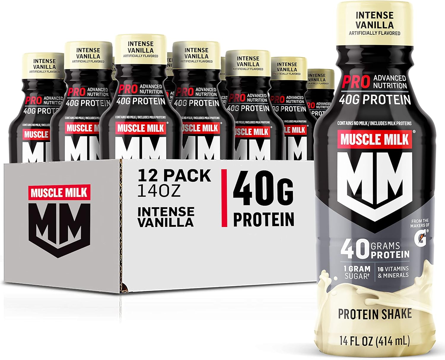 Muscle Milk Pro Advanced Nutrition Protein Shake, Intense Vanilla, 14 Fl Oz Bottle, 12 Pack, 40g Protein, 1g Sugar, 16 Vitamins & Minerals, 6g Fiber, Workout Recovery, Packaging May Vary