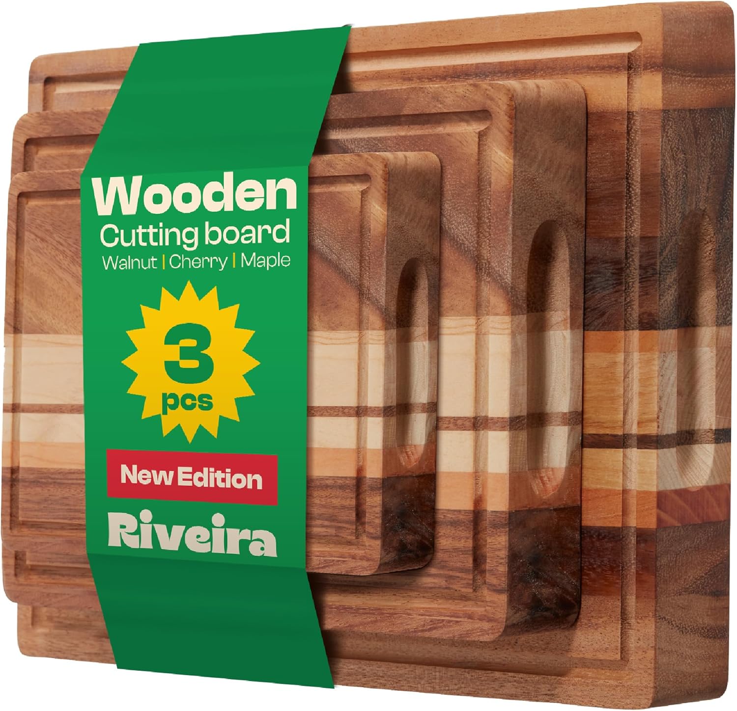 Riveira Premium Maple/Cherry/Walnut Wood Cutting Board – Versatile and Durable: Set Of 3 Pcs Rectangular Wooden Cutting Board – Natural Wooden Cutting Boards For Kitchen - Complete Cutting Boards