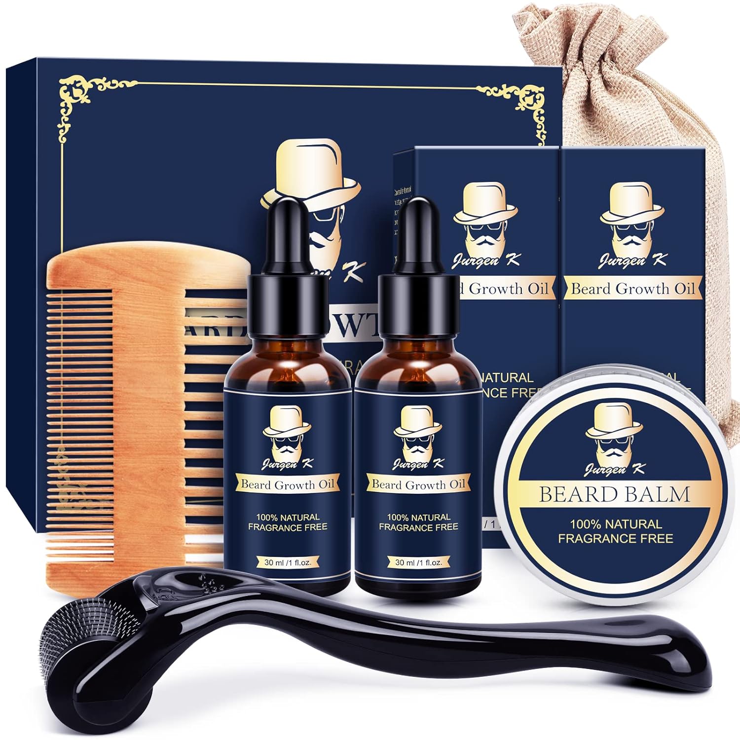 Jurgen K Beard Growth Kit - Beard Kit with Beard Growth Oil (2 Packs), Balm, Comb, Massager for Patchy Beard, Birthday & Christmas Gifts for Men