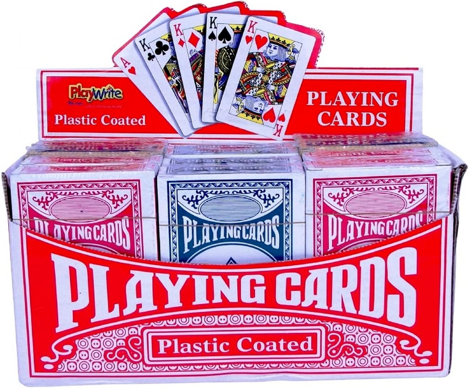 Playwrite Playing Cards 300-002 Pack of 12 Playing Cards. Display stand containing 12 packs of plastic coated security sealed playing cards.