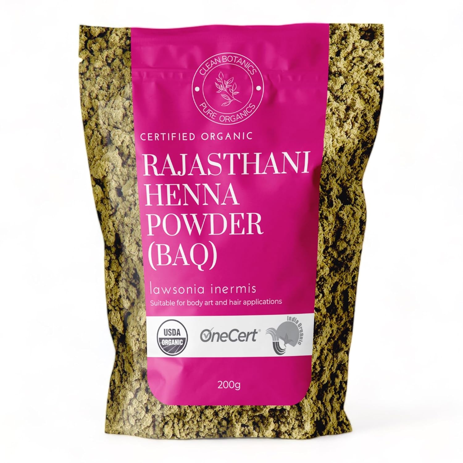 Clean Botanics Organic Rajasthani Henna Powder - 200g (Triple Sifted) by BAQ, Organic Certified, 100% Pure Mendhi Natural Hair Colour Dye