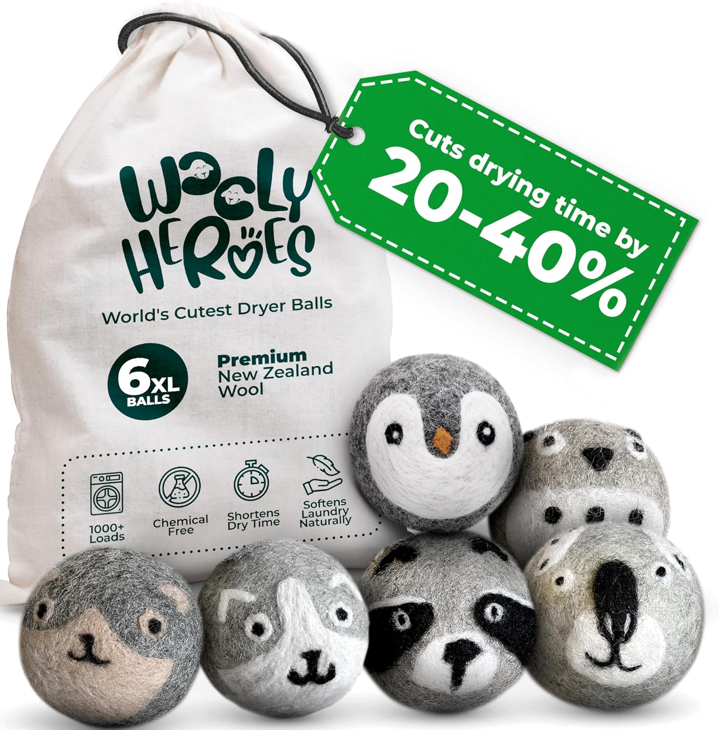 Wooly Heroes Tumble Dryer Balls - 100% Pure Organic Wool - Eco-Friendly & Sustainable - Dry 1,000 Loads (Penguin & Friends)