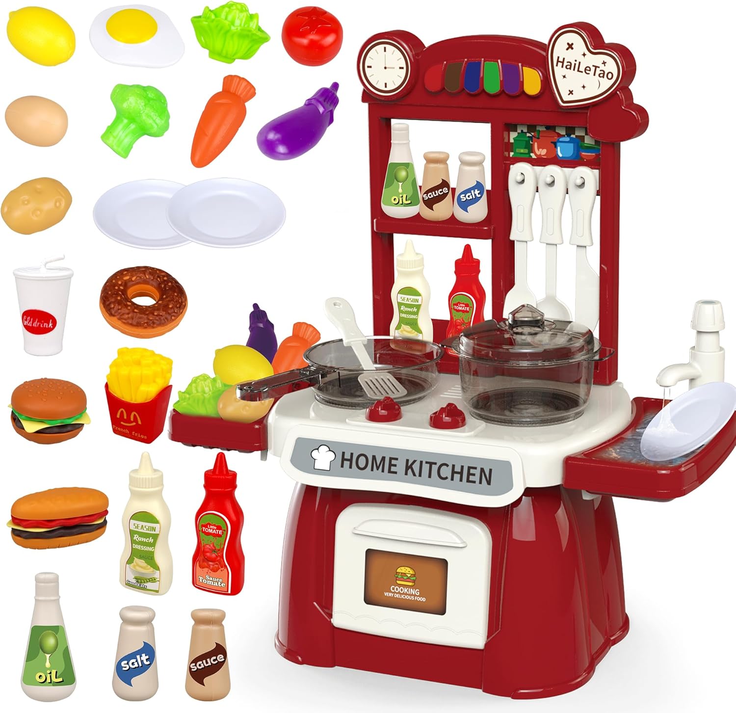 Kitchen Set for Toddler with Sound and Light，Pretend Cooking Food Set,Kids Kitchen Playset，Play Sink with Running Water and Electronic Induction Stove，Kitchen Accessories (red Kitchen Set)