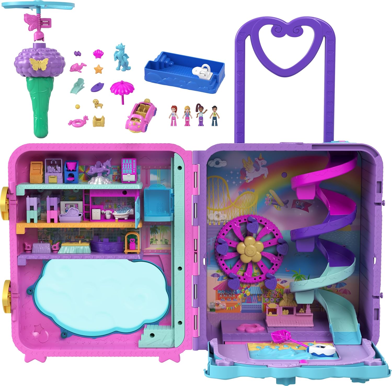 Polly Pocket Pollyville Playset, Resort Rollaway Suitcase, Large Travel Toy with 4 Dolls, Car, 25+ Accessories & Storage