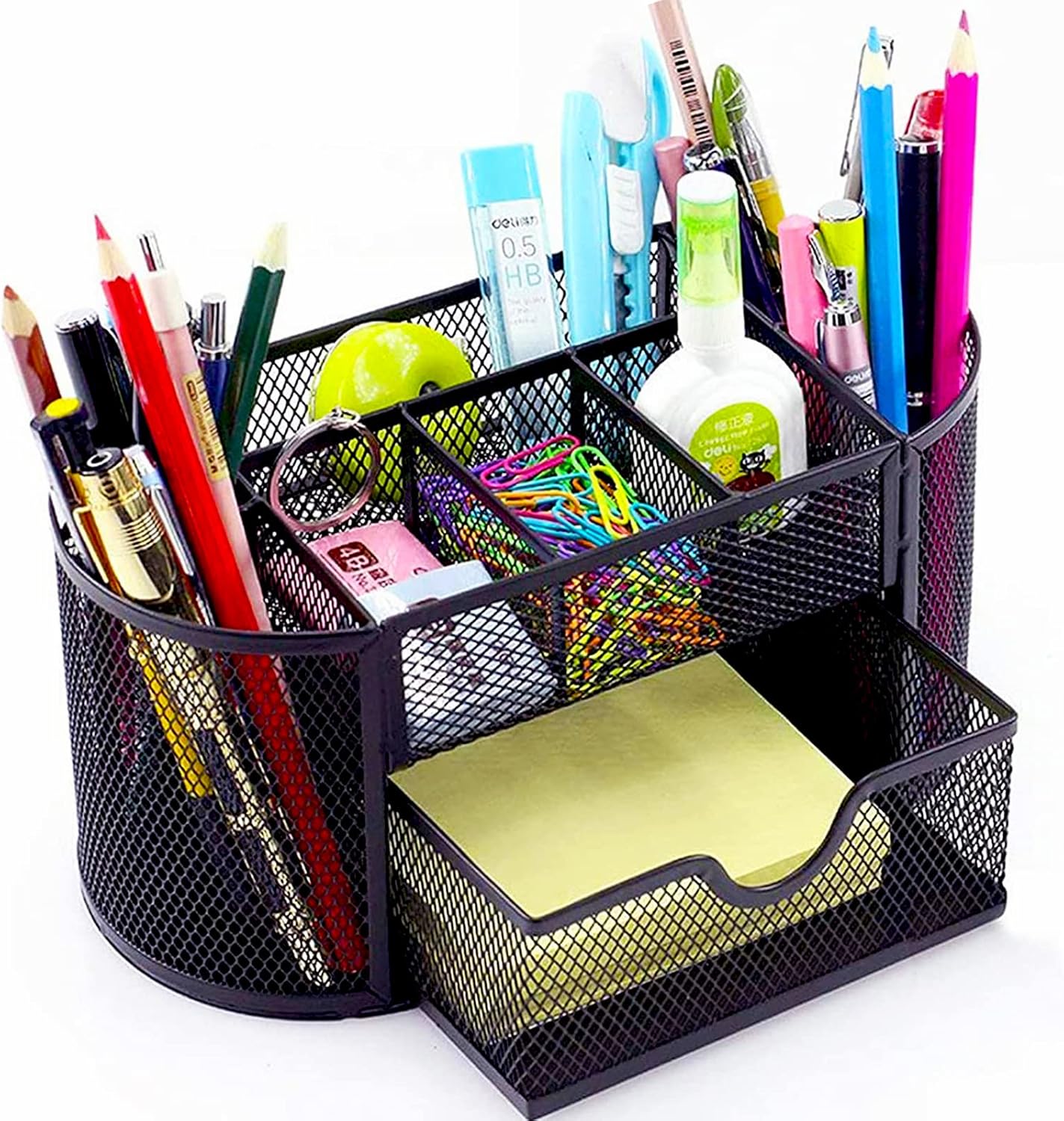 Mesh Desk Organiser Desk Tidy Metal Pen Holder with 8 Compartments and 1 Drawer, Stationery Storage Desktop Organiser for Home, Office, School