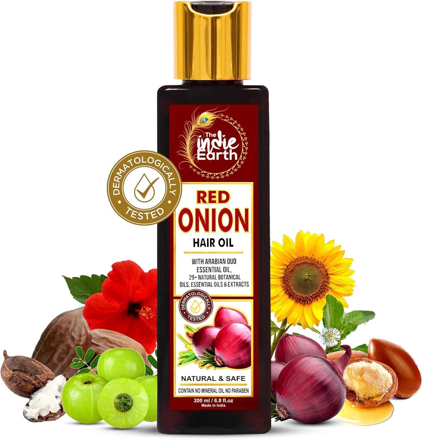 INDIE EARTH RED ONION HAIR OIL 200 ML - ANTI HAIR LOSS & HAIR GROWTH WITH BLACK SEED, CURRY LEAF, HIBISCUS BHRINGRAJ & 29+ NATURAL OILS & EXTRACTS