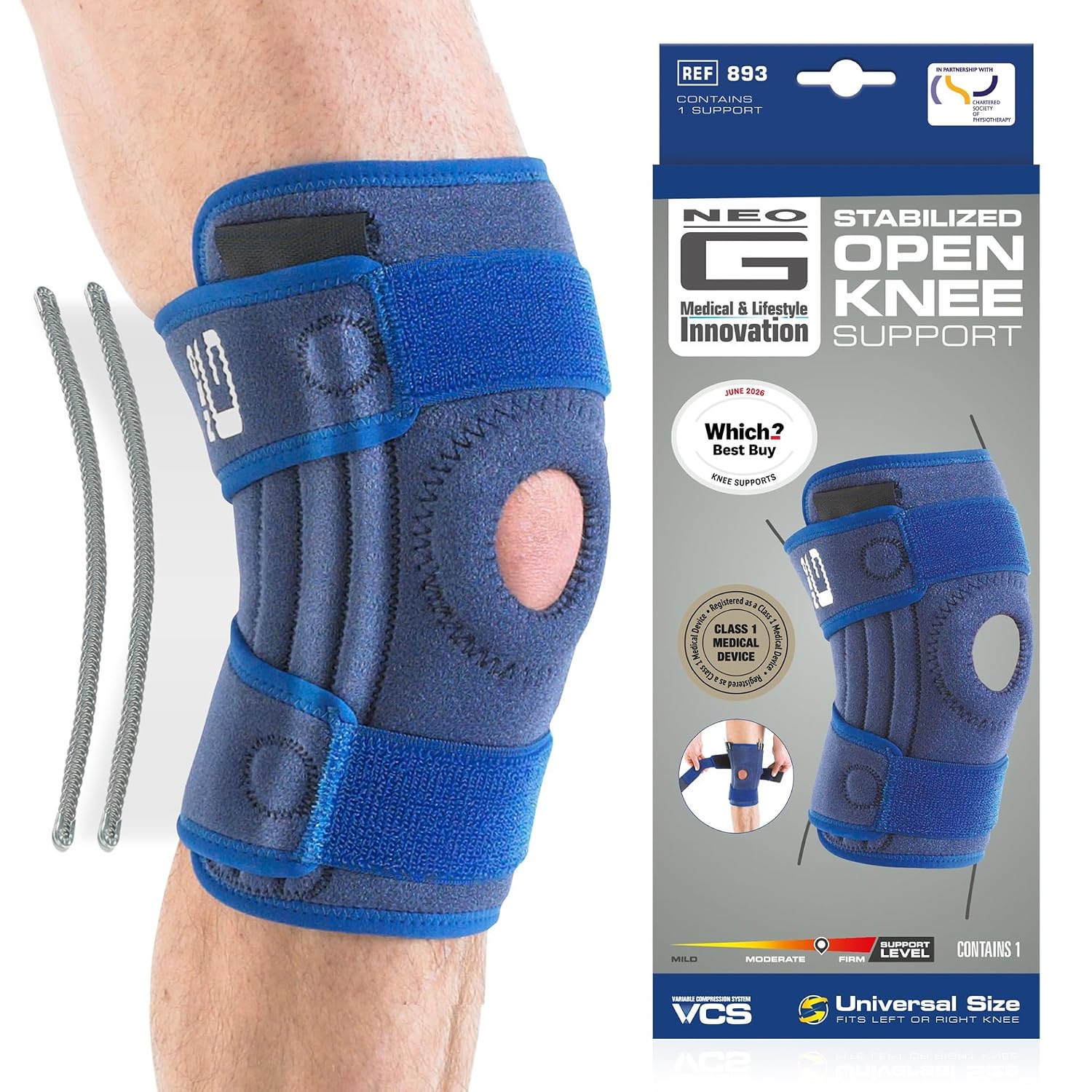 Neo-G Stabilized Knee Support, Open Patella – Adjustable – Blue – One Size