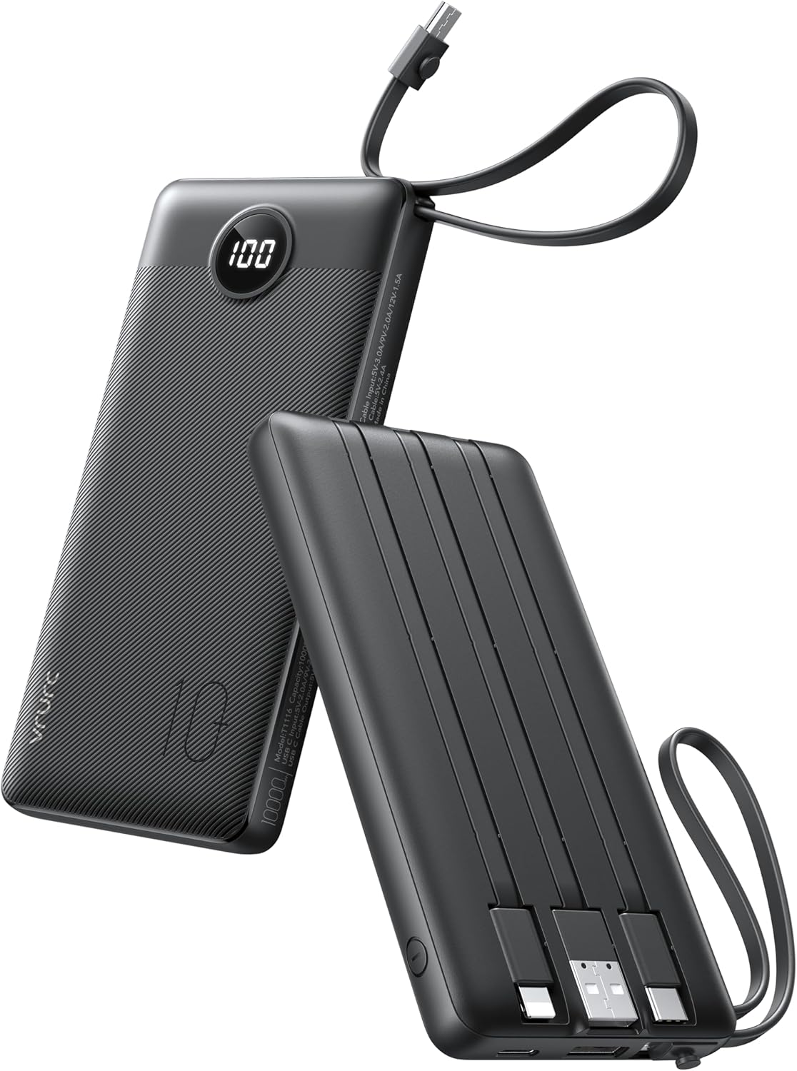 VRURC 10000mAh Power Bank With Built-in 4 Cables, Slim Portable Charger