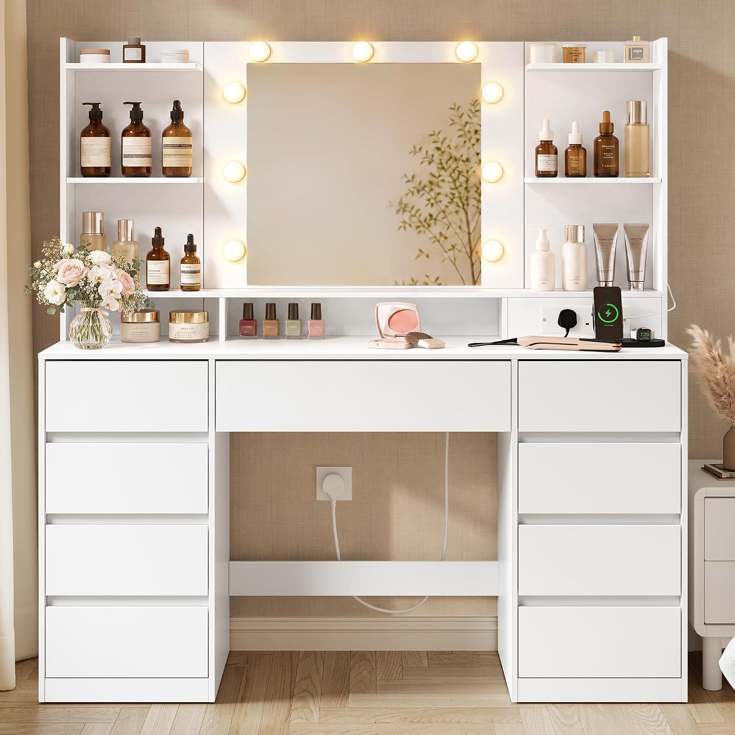 VASAGLE Dressing Table with LED Mirror, Power Outlets, 9 Drawers