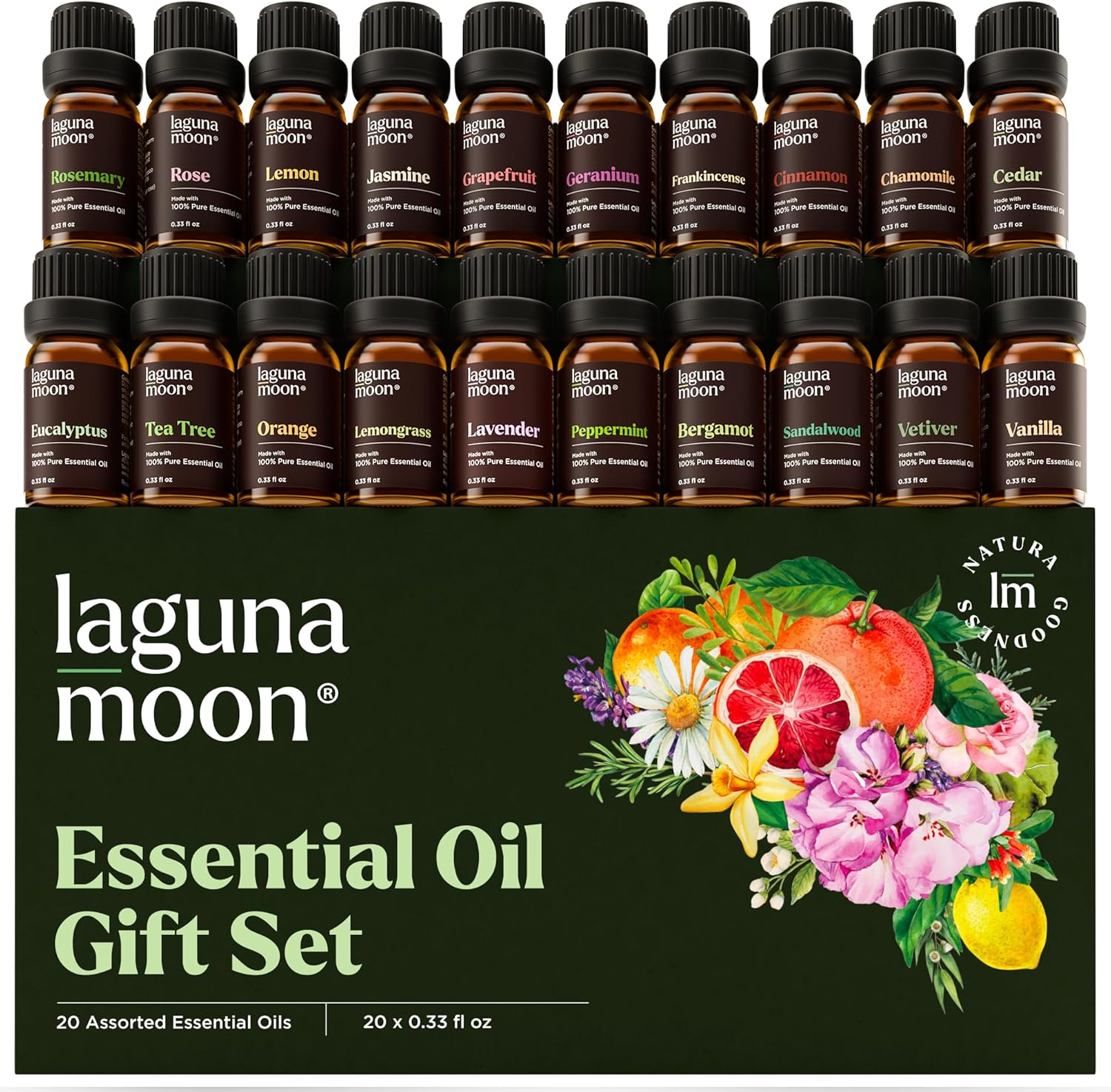 Essential Oils Set - Top 20 Gift Set Oils for Diffusers, Humidifiers, Aromatherapy, Candle Making Scents, Cars & Home Products - Peppermint, Tea Tree, Lavender, Eucalyptus, Lemongrass (10mL)