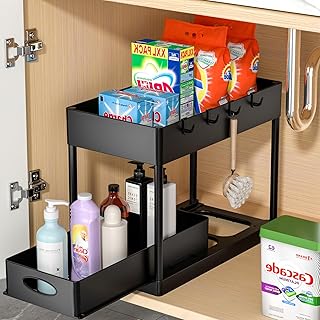 PUILUO Under Sliding Cabinet Basket Organizer, 2 Tier Under Sink Organizers Black Under Sink Storage for Bathroom Kitchen