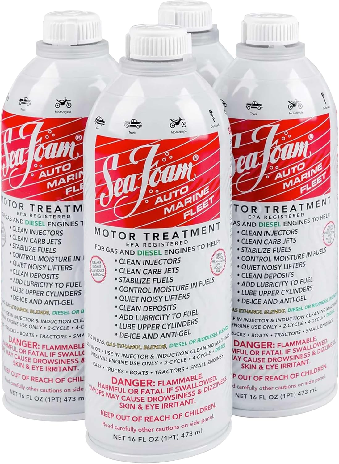 Sea Foam Motor Treatment | Fuel System Cleaner, Fuel Stabilizer & Oil Treatment | Gas & Diesel Additive for Cars & Trucks | 16 oz, Pack of 4