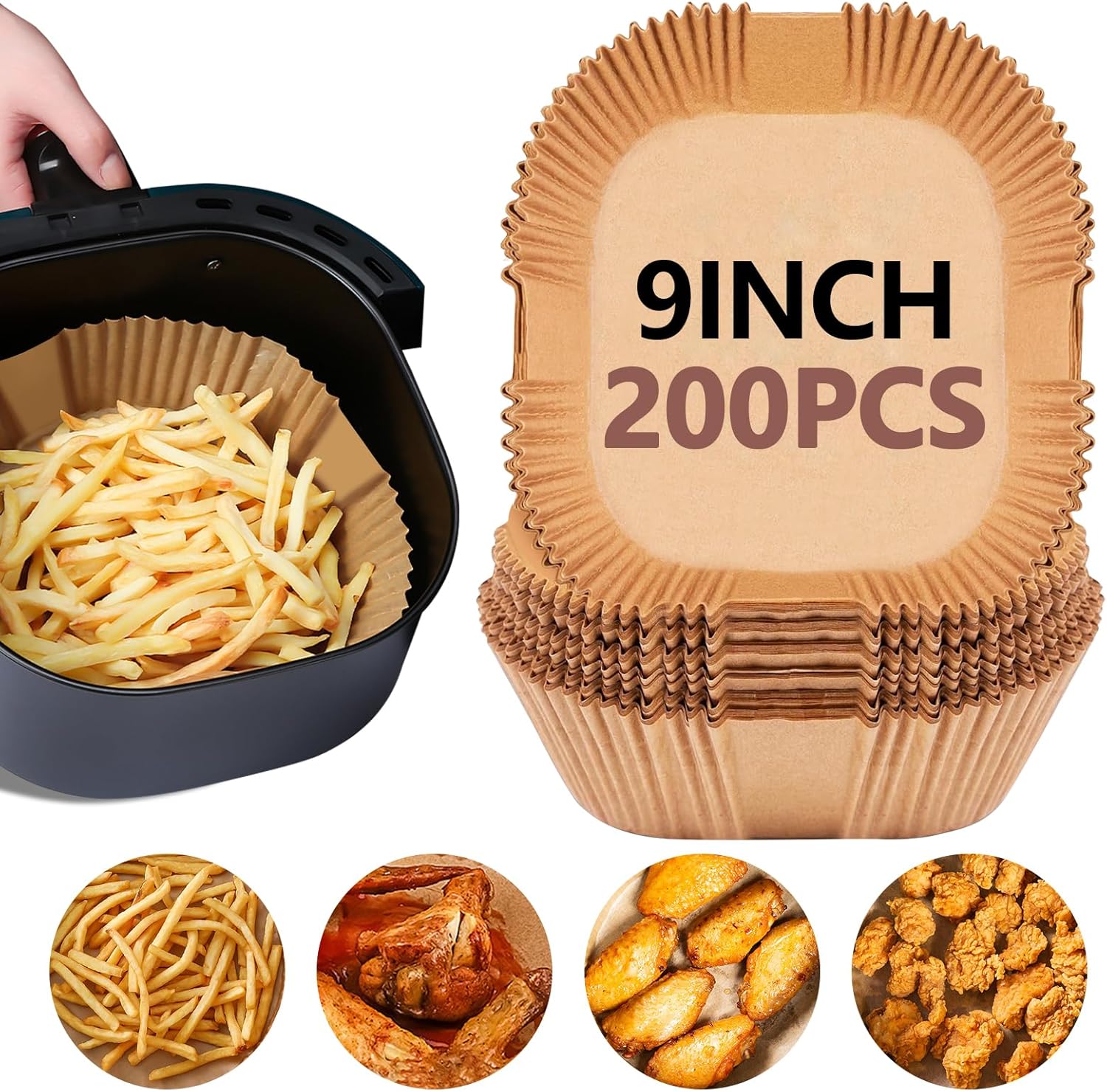 UBeesize 9 Inch Air Fryer Paper Liners,200 PCS Parchment Paper, Air Fryer Disposable Paper Liner for Microwave, Non-Stick Air Fryer Liners Square Free of Bleach（Bottom size 8 Inch）