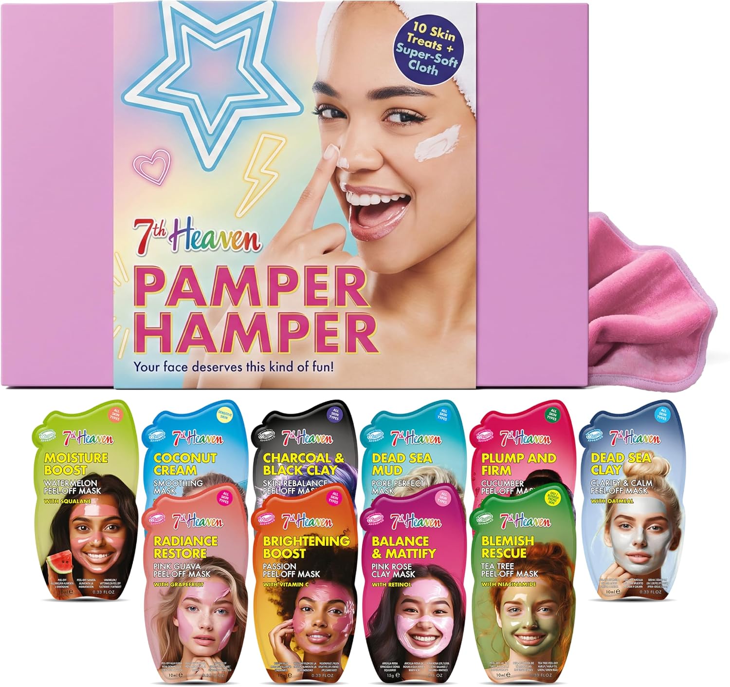 7th Heaven Luxury Pamper Hamper Gift Set for Women, with 10 face masks and spatula. Includes peel-off, clay and hydrating masks for an at-home spa skincare experience and self-care treat. - Beauty
