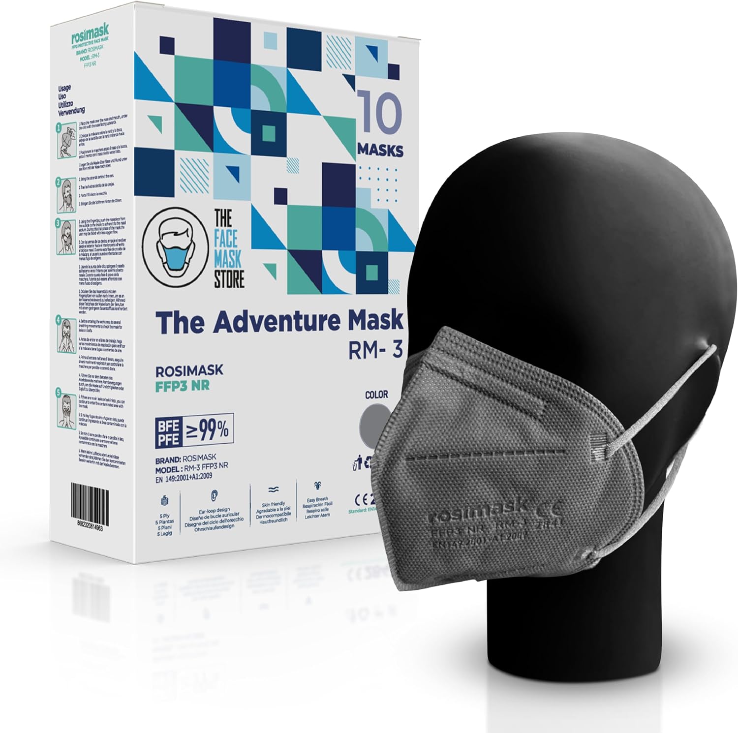 The Adventure Face Mask FFP3 Face Masks with Ear Loops, UK Certified Face Mask, Safety Mask, 5 Layer FFP3 Mask, CE Certified Dust Mask, PPE Mask, Box Of 10