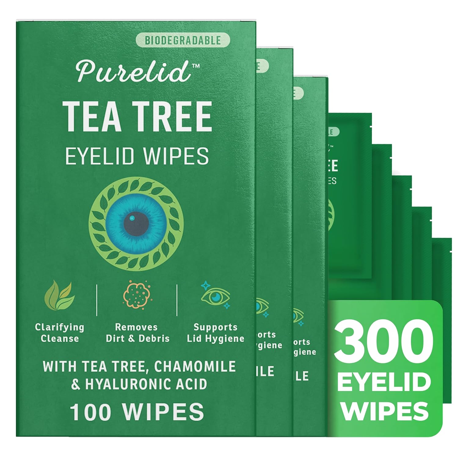 100PCs Tea Tree Eyelid Wipes – Cleaning Eye Wipes for People with Dry Eyes & Allergies – Gentle Eyelid Cleanser with Hyaluronic Acid, Chamomile and Aloe – Individually Wrapped & Biodegradable