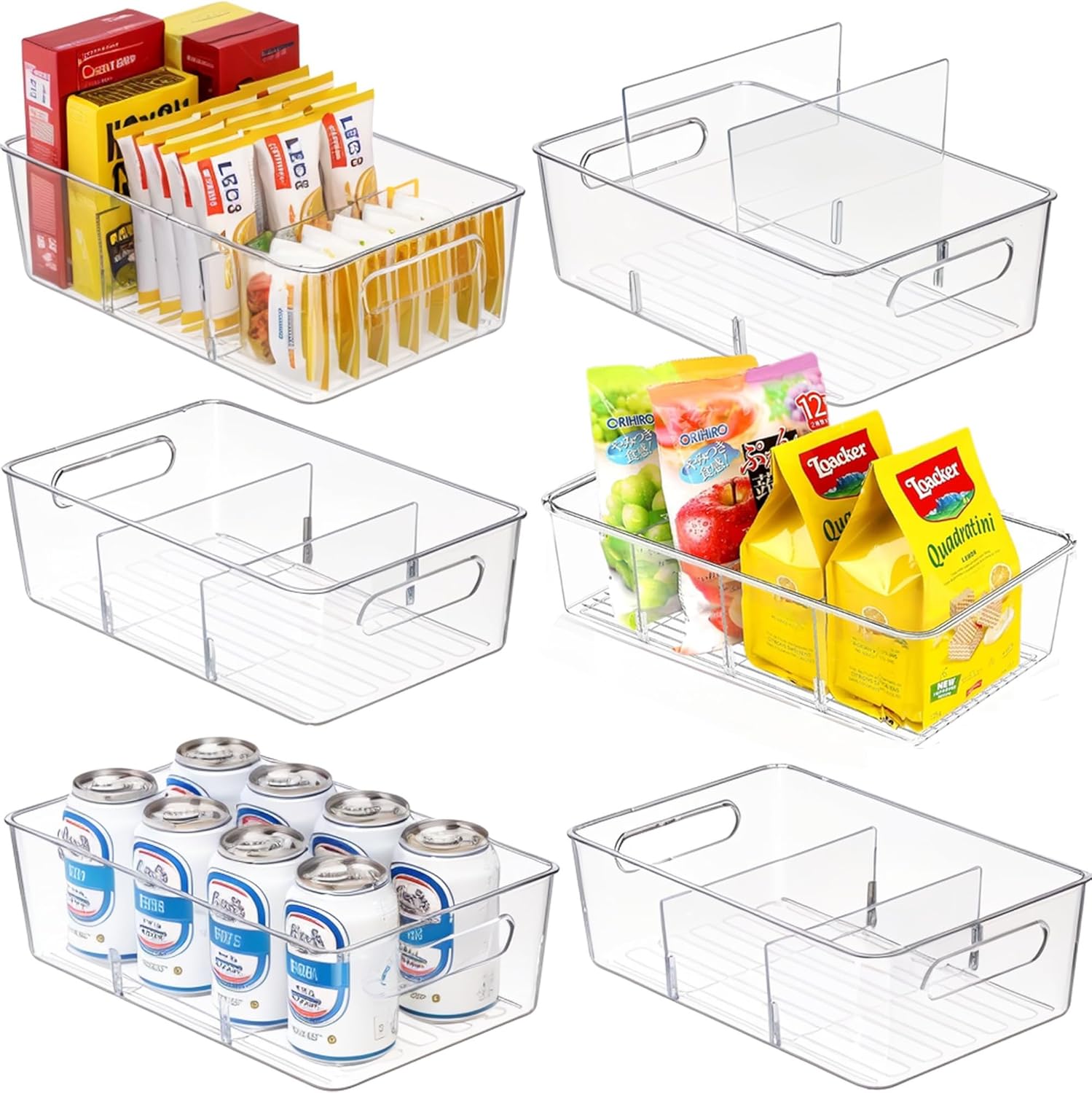 Clear Plastic Storage Bins for Fridge and Pantry Organization, Kitchen Cabinet Organizers, 6-Pack (6 Pack-4 Compartment)