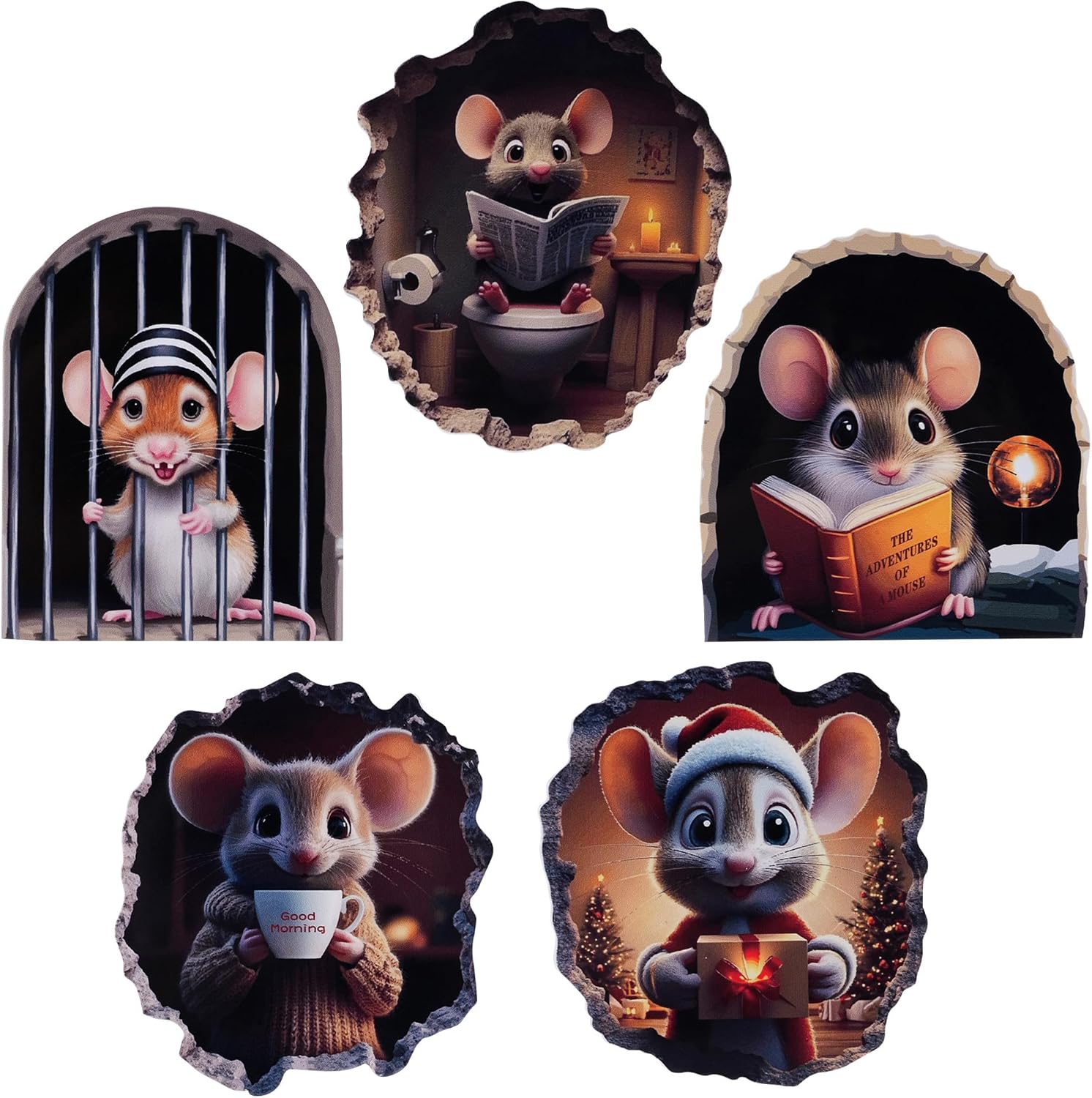 5PCS 3D Mouse Hole Wall Decals Peel and Stick Funny Whimsical Murals Wallpaper Art Decor Hole Cover Wall Stickers for Kids Room Door Playroom Stair Riser Bathroom Kitchen Nursery