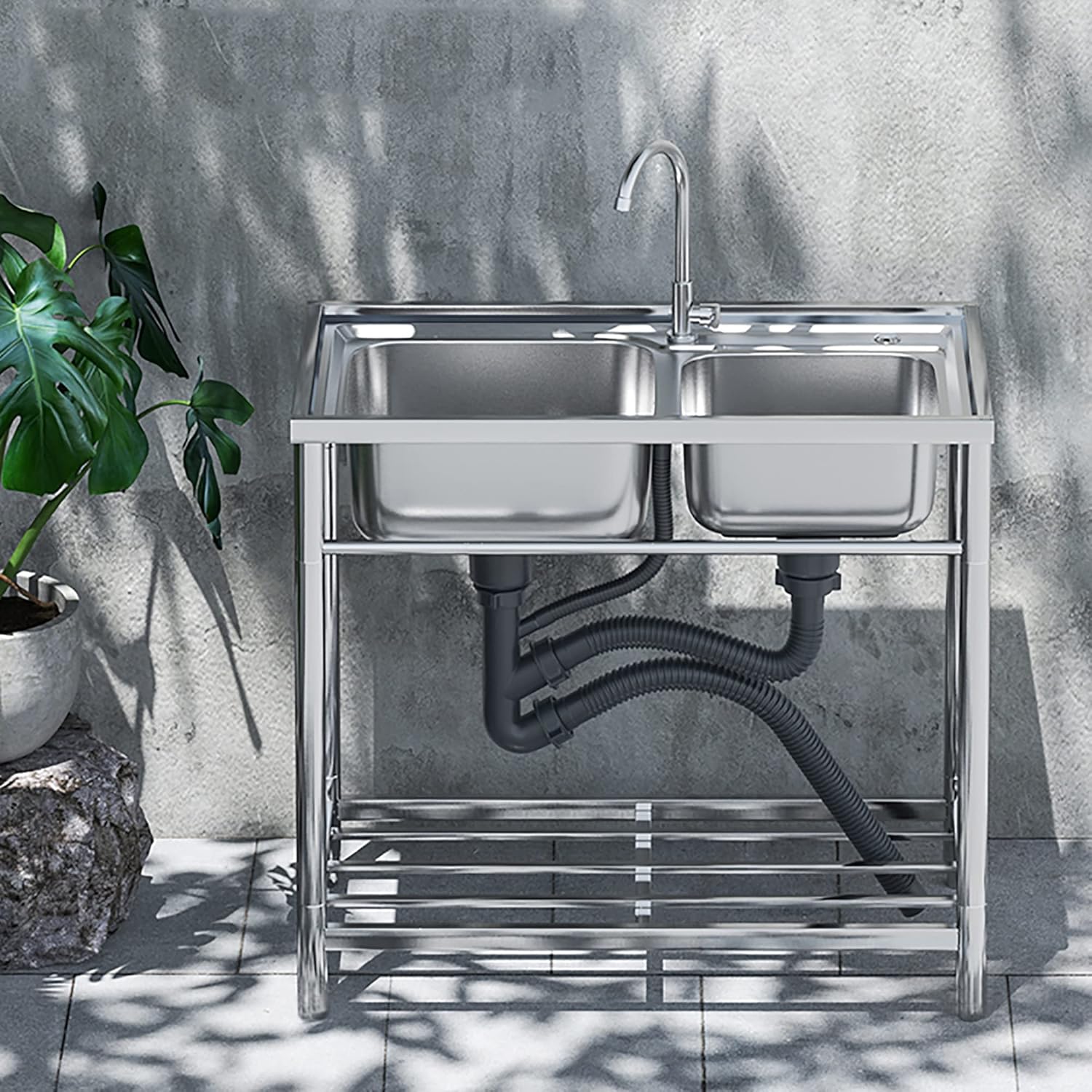 Utility Sink,Double Bowl Kitchen Sinks,Laundry Sink with Cabinet,Outdoor Sink,Stainless Steel Sink,Movable Utility Sink Laundry Tub,for Garage,Restaurant,Kitchen,Laundry Room