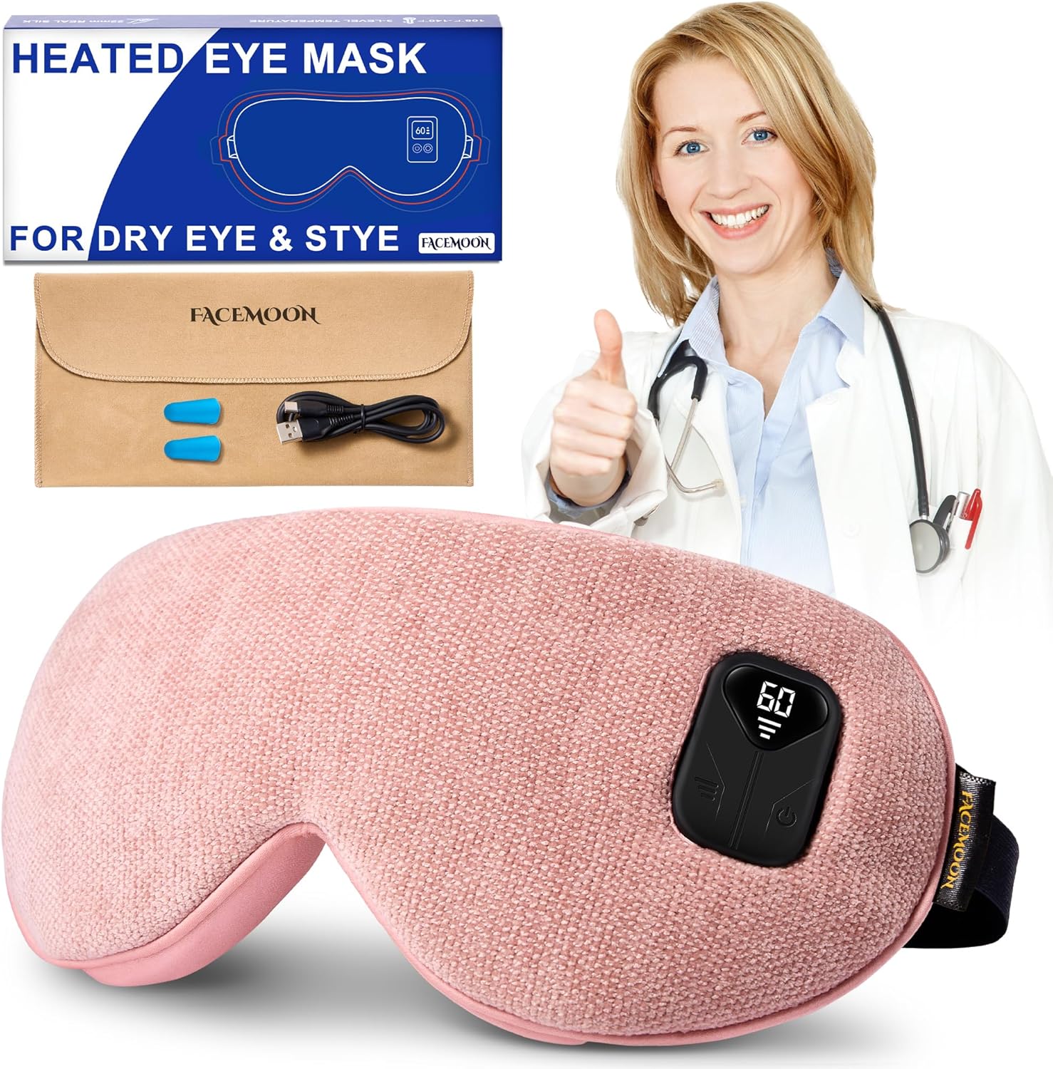Heated Eye Mask for Warm Compress: Dry Eyes Blepharitis Stye Moist Hot Relief - Electric Cordless Heating Pad for Traveler Computer Tied Eyes - Rechargeable 1500 MAh Washable Pink