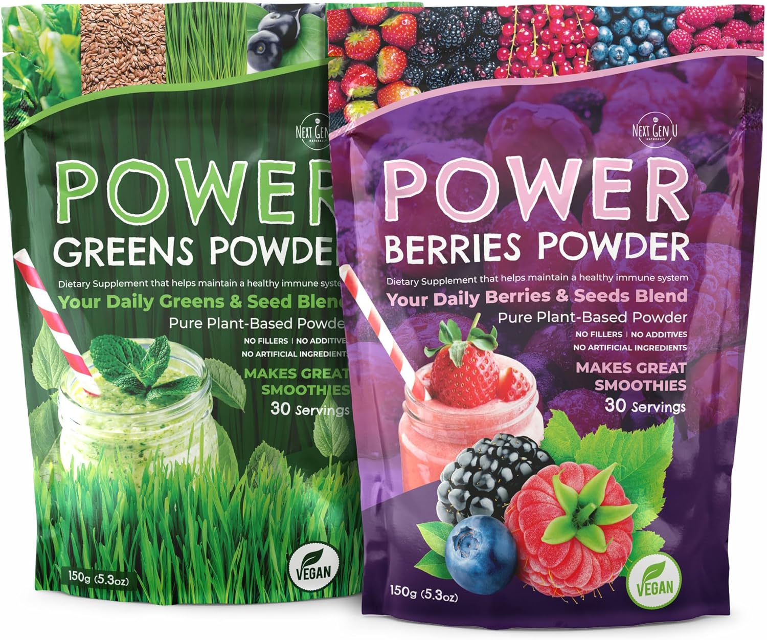 Superfood Greens Powder & Berries Powder Dietary Supplements - for Immune Support - 150 g Pouches - Super Smoothie Mix for Juice & Shakes - Powdered Acai & Flaxseed Blends for Health - by NextGenU