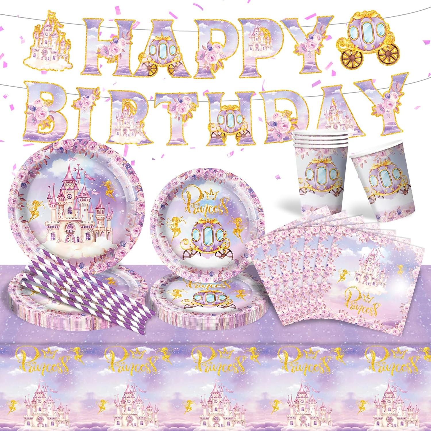 Princess Birthday Party Supplies - Plates, Napkins, Tablecloth for Girls - Purple Princess Castle Theme, Serves 16