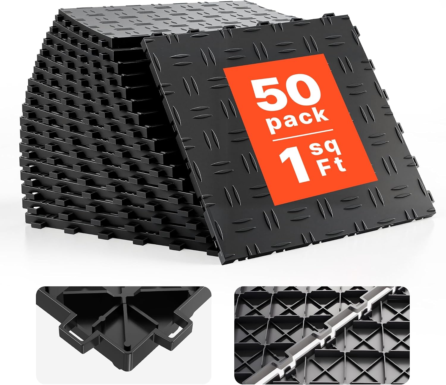 VEVOR Garage Floor Tiles 12 x 12 x 0.53 inch, Interlocking Design Ease of Installation Double-Sided Texture Non-Slip Sturdiness, for Garages, Basements, Repair Shops, Black, 50 Pack | Easy Installation Double-Sided Texture Non-Slip Sturdiness, Premium PP for Garage, Basement, Repair Shop, Black