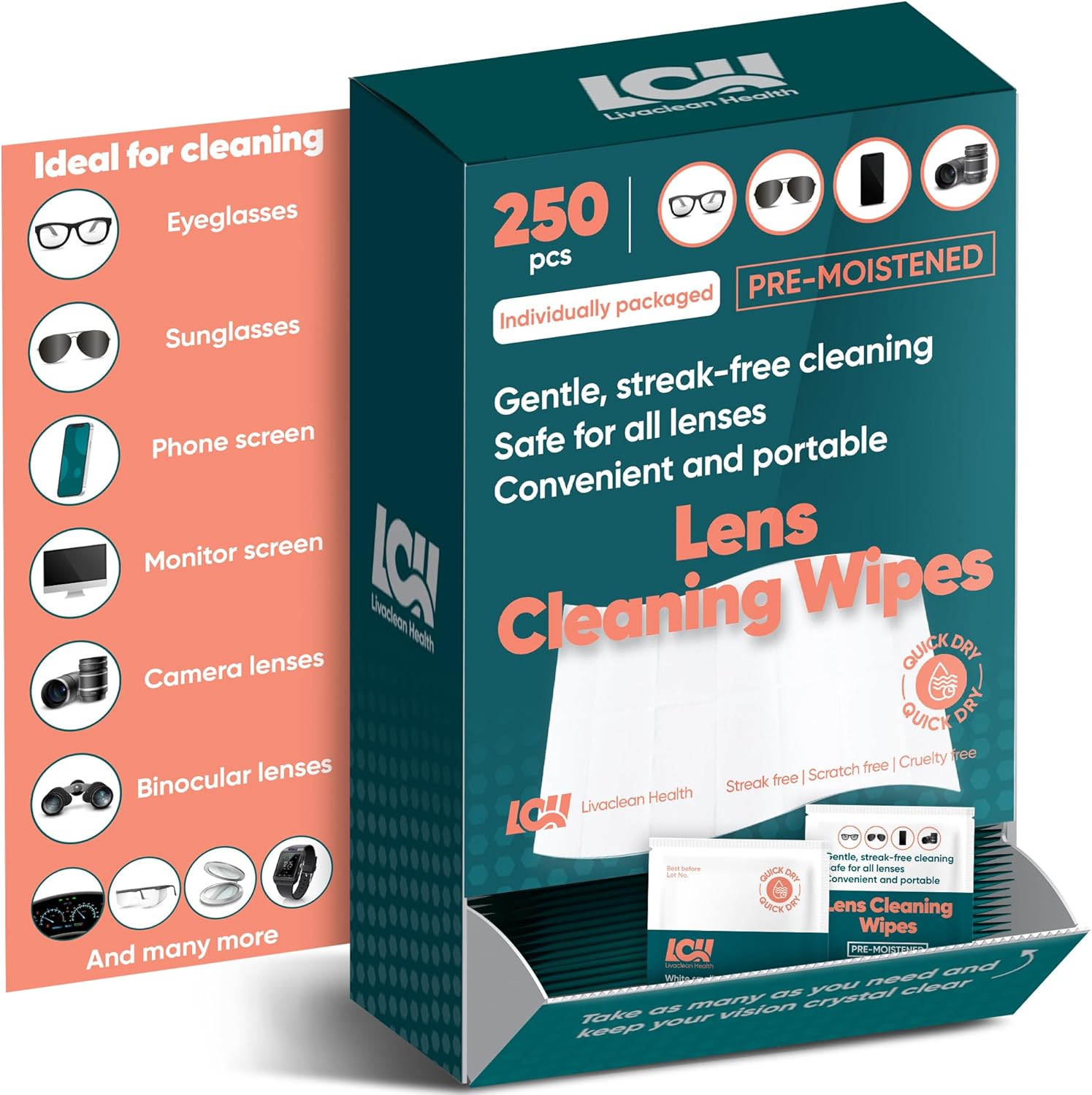 250 CT Lens Wipes for Eyeglasses - Pre-Moistened, Individually Wrapped Eye Glasses Cleaner Wipes - Streak-Free & Scratch-Free Glasses Wipes for Sunglasses, Camera Lenses & Phone Screen Wipes