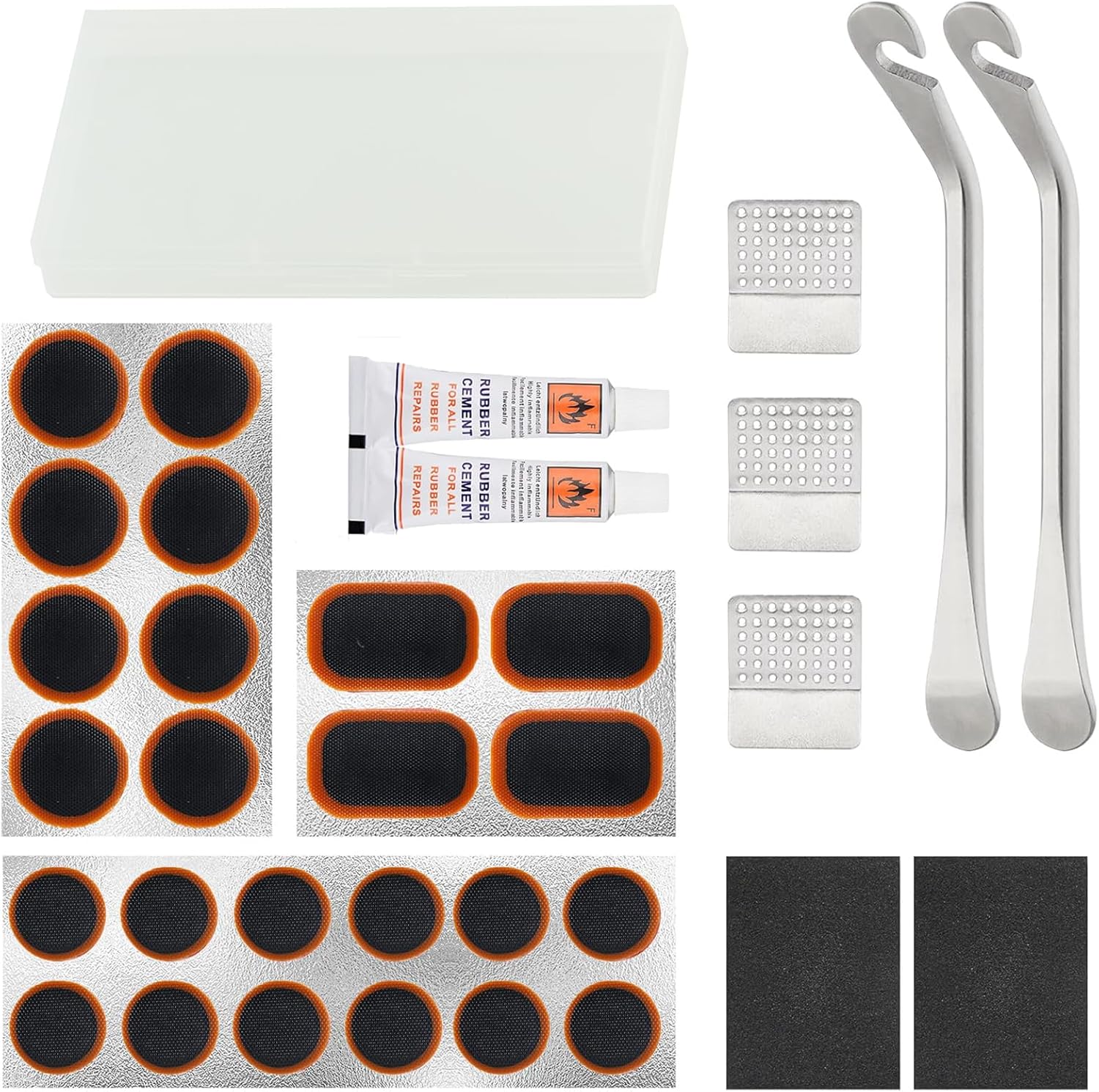 Bike Inner Tire Patch Repair Kit, with 24 PCS Vulcanizing Patches, Metal Rasp and 2 Premium Stainless Steel Levers - Also for Road Mountain Bicycle Trave (White Adhesive Upgraded Version)