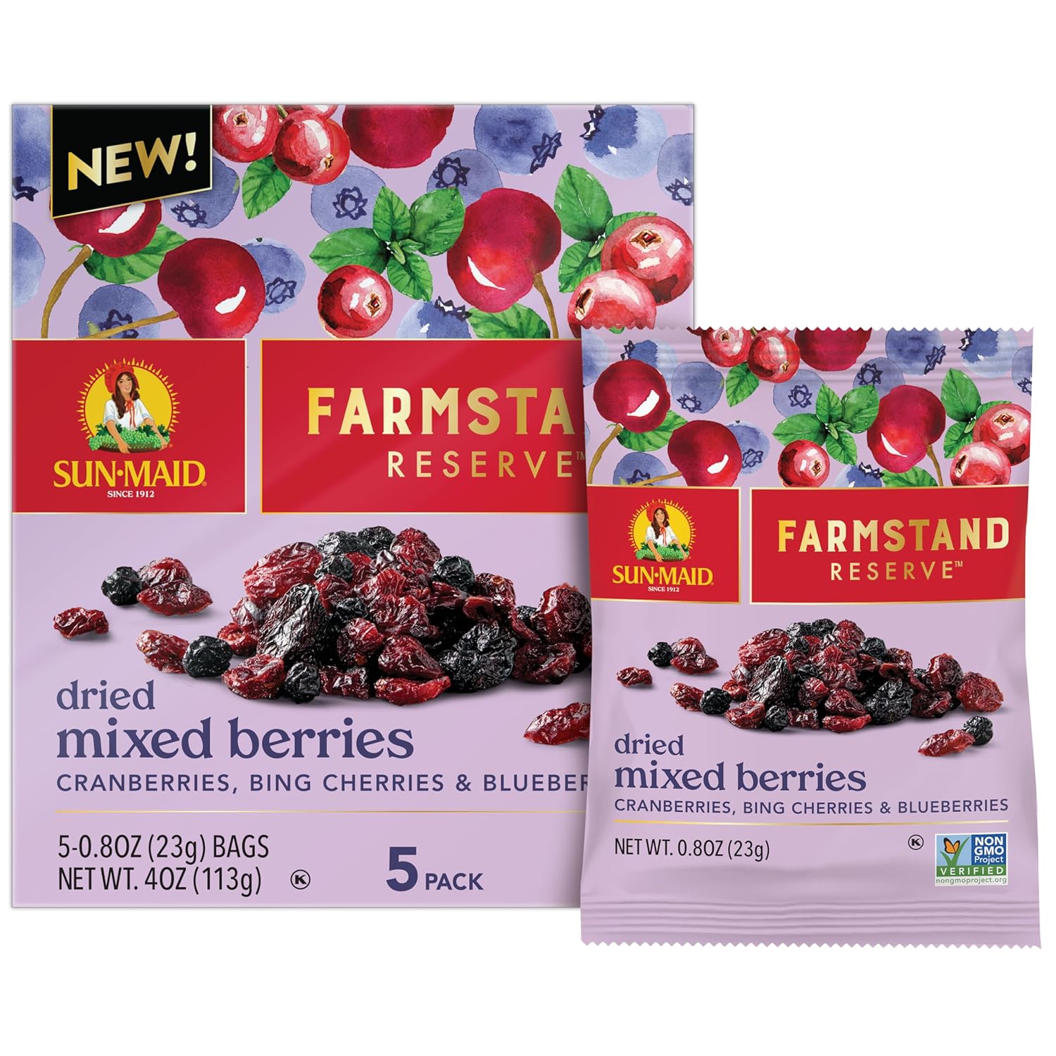 Sun-Maid Farmstand Reserve Dried Mixed Berries - (5 Pack) 0.8 oz Snack Bag - Dried Fruit Snack for Natural Sweeteners