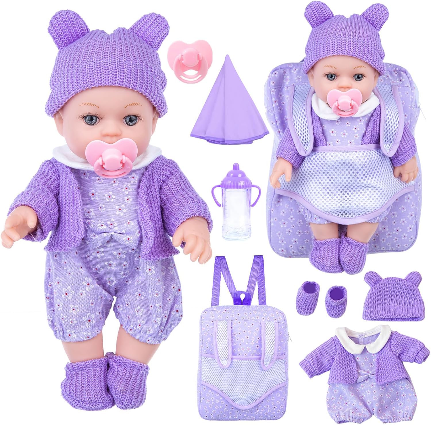 ZNTWEI 12 Inch Backpack Baby Doll Playset with Washable Dolls and Accessories Includes Backpack, Bottles, Nipple, Blankets, Hats, Clothes, Socks First Baby Dolls for Toddlers 3 Years and Up