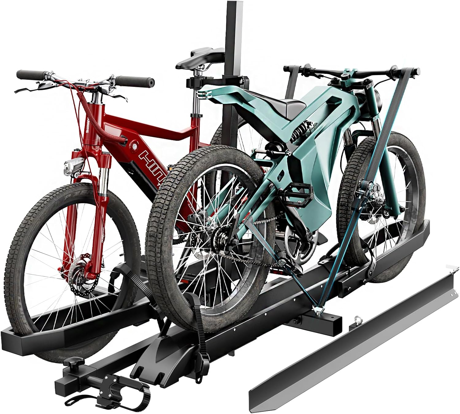 EBike Rack with Ramp for Tow Hitch with 300lbs Load Capacity, Car Bike Rack for Electric Mopeds, Fat Tire Mountain Bicycles, E Bike Carrier Raks for 2 Bikes, Fits SUV, Truck, RV, Van