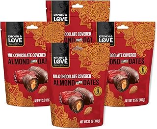 Kitchen & Love Milk Chocolate Covered Almond Stuffed Dates in a Convenient Resealable Pouch, 8 Individually Wrapped Pieces, Healthy Snack, 3.5 oz pouch (Pack of 4)