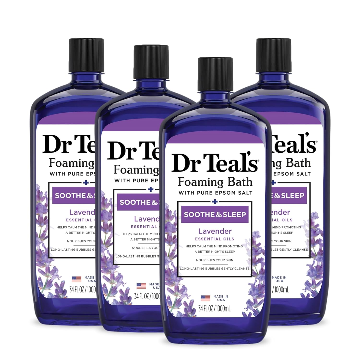 Dr Teal's Foaming Bath with Pure Epsom Salt, Soothe & Sleep with Lavender, 34 fl oz (Pack of 4)