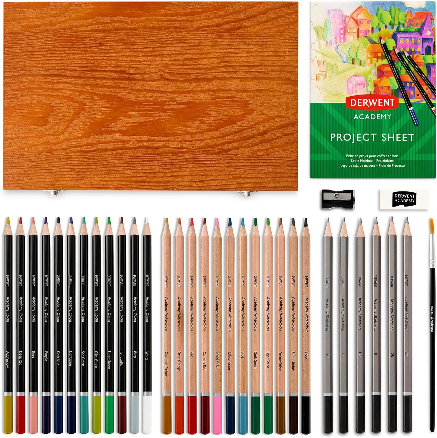 Derwent Academy Wooden Gift Box,Complete 35 Piece Art Set with Colouring Pencils,Pastels & Accessories, Ideal Collection for Drawing, Sketching & Crafts, Premium Hobbyist Quality Kit, 2300147