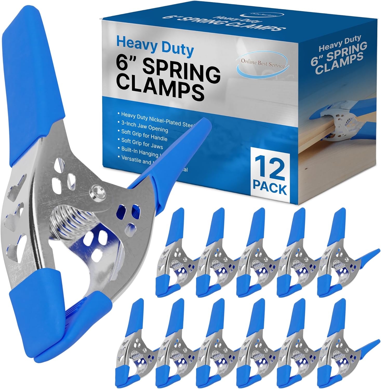 Lot of 12-6" inch Spring Clamp Large Super Heavy Duty Spring Metal Blue - 2.5 inch Jaw opening