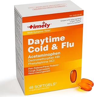 TIME-CAP LABS, INC. Timely Daytime Cold and Flu Medicine 48 Softgels - Compared to The Active Ingredients in Vicks DayQuil Cold & Flu LiquiCaps - Cough Suppressant, Nasal Decongestant, Pain Reliever