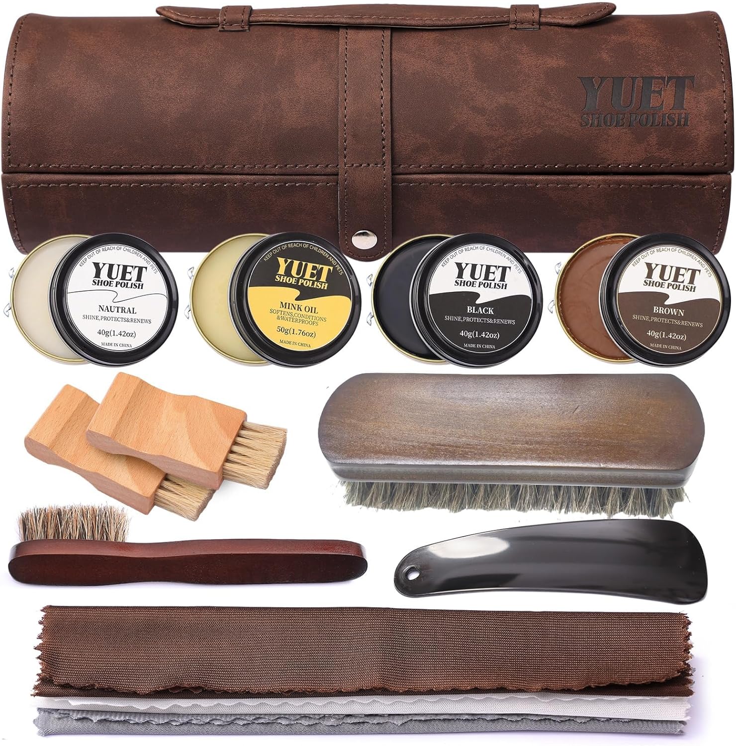YUET Shoe Polish Kit Cleaning Shine Care Barrel Set For Brown Black Leather With Brush Travel Case Luxury Premium Soft Horsehair Bristle Dauber, Wooden Applicator, Shoehorn, Cloth 13 PCS Brown Pouch