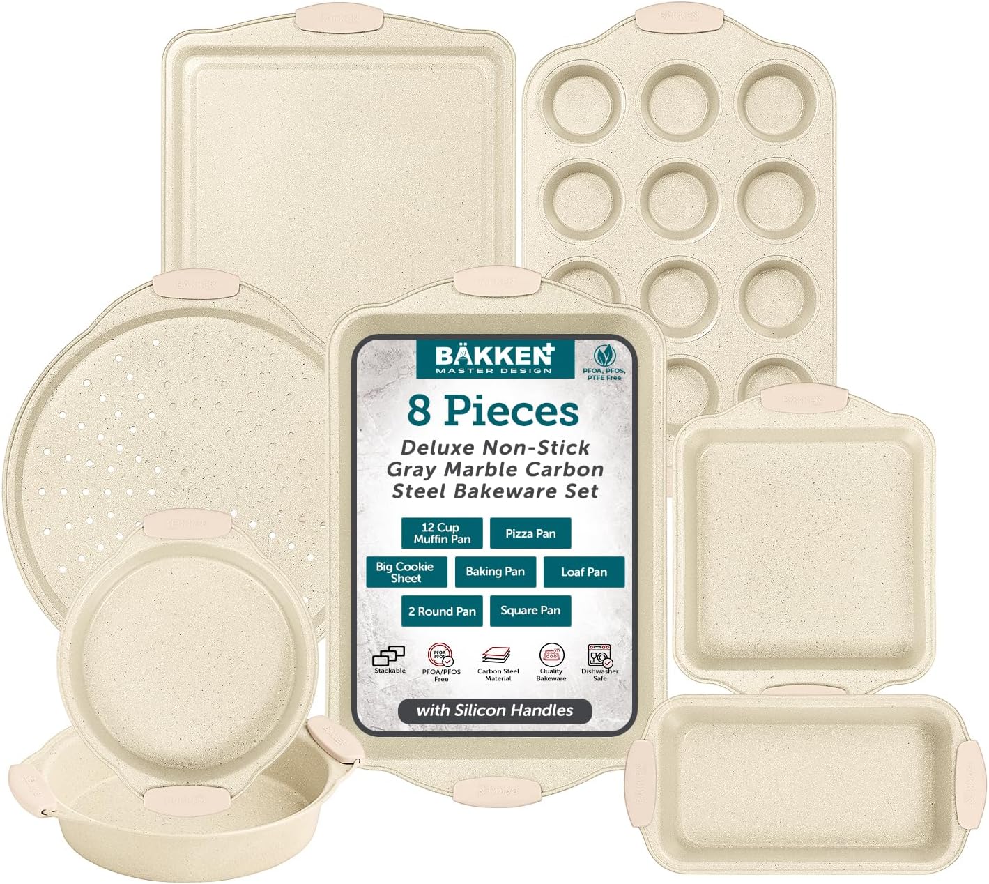 Deluxe 8-Piece Carbon Steel Bakeware Set - Nonstick White Marble Coating, Silicone Handles - Professional Quality Kitchen Oven Baking Pans