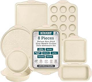 Deluxe 8-Piece Carbon Steel Bakeware Set - Nonstick White Marble Coating, Silicone Handles - Professional Quality Kitchen Oven Baking Pans