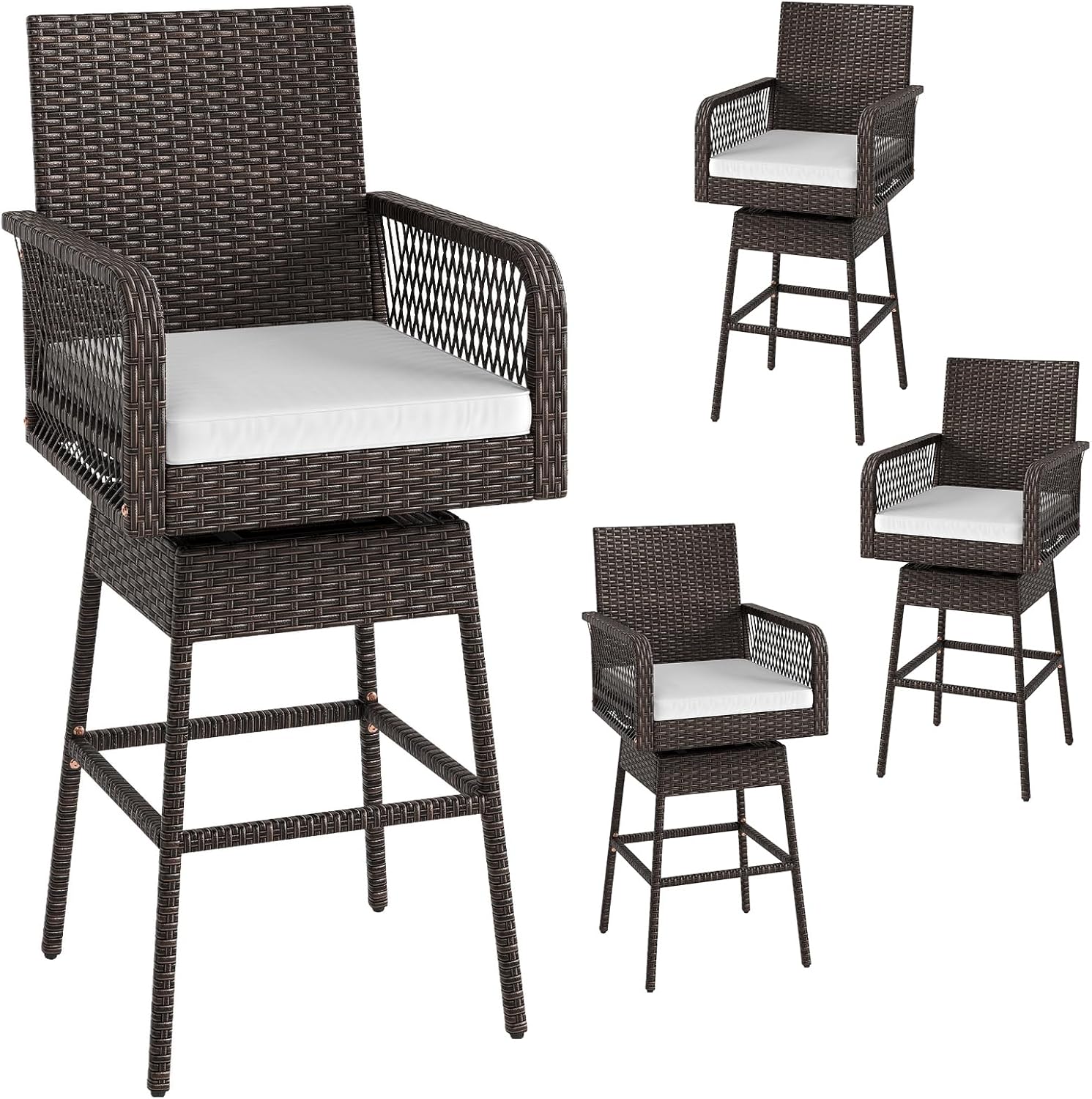 ORALNER Outdoor Wicker Swivel Bar Stools Set of 4, 29" Bar Height Patio Rattan Dining Chair with Armrests, Footrest & Seat Cushion, Metal Frame, for Backyard, Porch, Poolside, Deck (4, Off-White)