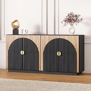 BELLEZE 65 Inch Fluted Buffet Cabinet with Storage, Symmetrical Arc Accent Sideboard Large Console Table for Dining Room, Kitchen, and Living Room (Camel)