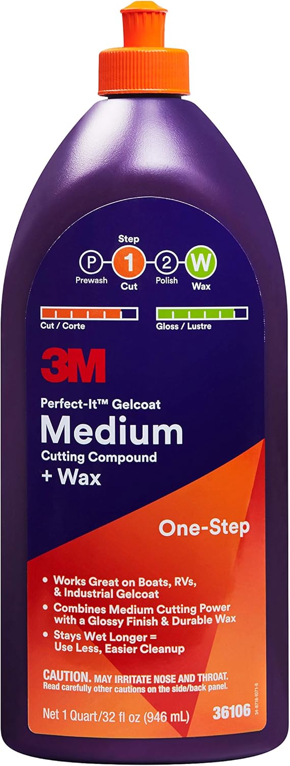 3M Perfect-It Gelcoat Medium Cutting Compound + Wax, 36106, 1 Quart, One-Step Process, P1500 and Finer Scratches, Fiberglass Oxidation Remover for Boats and RVs